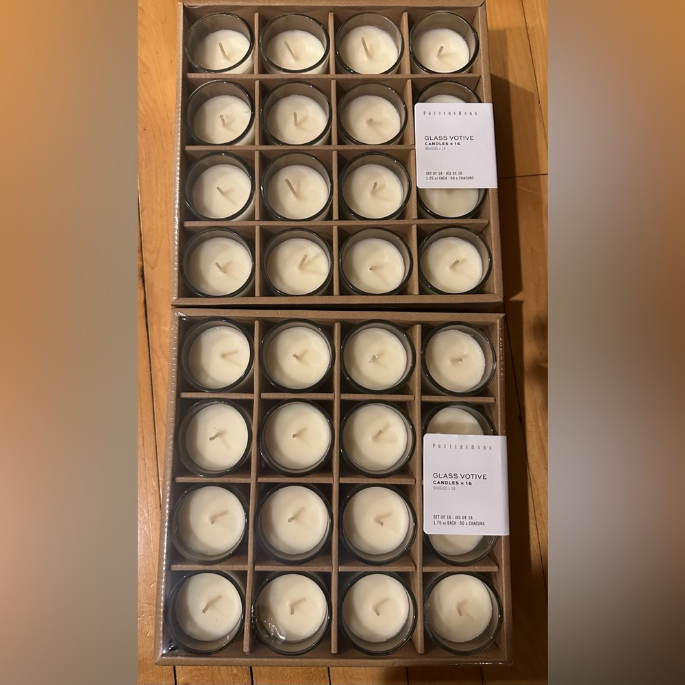 Pottery Barn Glass Ivory Votive Candles, Two Sets of 16 (36 total)NEW & UNOPENED